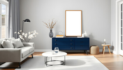 Stylish scandinavian living room with mock up poster frame, navy blue commode, glassy vase with flowers and elegant accessories. Modern home decor. Interior design. Template Ready to use isolated wi