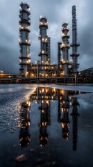 Obraz premium A massive oil and gas intertwined industrial complex with towering towers, pipes, and tanks at night