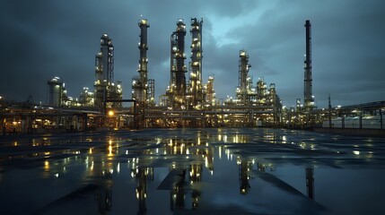 Obraz premium A massive oil and gas intertwined industrial complex with towering towers, pipes, and tanks at night