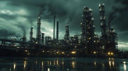 Obraz premium A massive oil and gas intertwined industrial complex with towering towers, pipes, and tanks at night