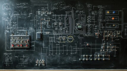 Chalk-drawn electric circuit diagrams on a blackboard, illustrating current flow and voltage--perfect for physics classrooms or electrical engineering courses.