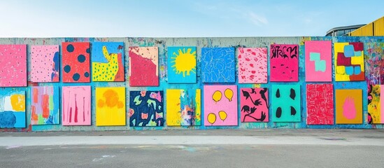 Colorful painted squares on a wall.