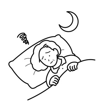 recommend clip art: 不眠症のシニア女性のイラスト　線画のみ