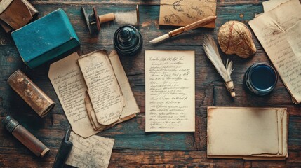 Flat lay of vintage stationery including inkwells, quills, and old letters, arranged on an aged wooden desk, evoking a sense of nostalgia.