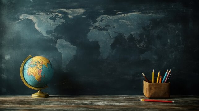 Chalkboard with chalk traces, a globe and a pencil case in opposite corners, leaving room in the center for text.