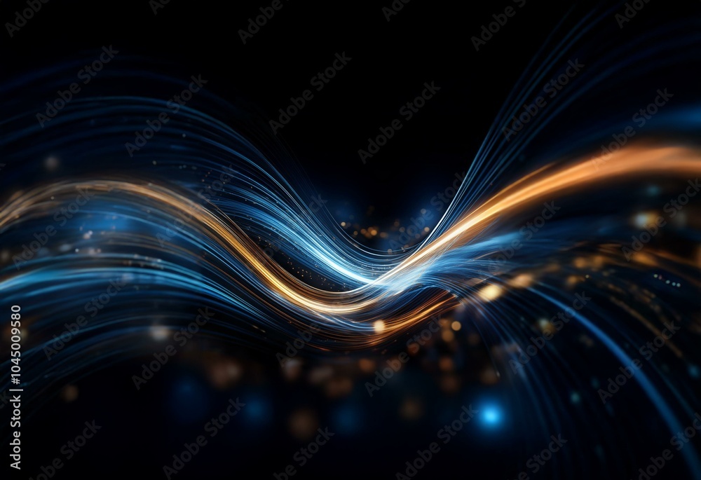 Poster Blue and orange waves of light in a dark space with bokeh.
