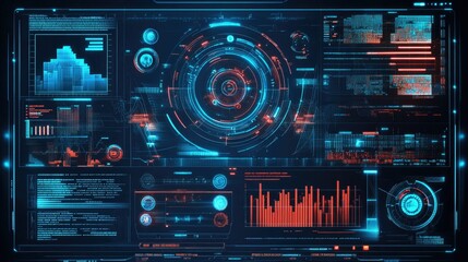Fototapeta premium High-tech holographic interface with circular and grid-based HUD elements, futuristic UI data streams