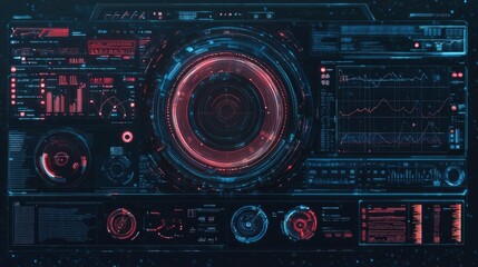 Obraz premium High-tech holographic interface with circular and grid-based HUD elements, futuristic UI data streams