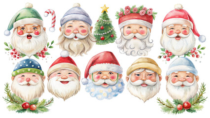 Set of Christmas Santa Claus faces for Christmas festive decorations and New year holiday greeting card