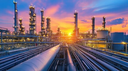 Industrial oil and gas refinery with a labyrinth of pipes and towering storage tanks, set beneath a sky of vibrant clouds at dusk.