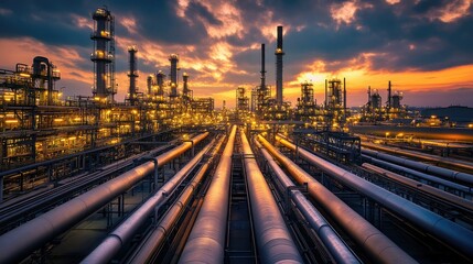 Industrial oil and gas refinery with a labyrinth of pipes and towering storage tanks, set beneath a sky of vibrant clouds at dusk.