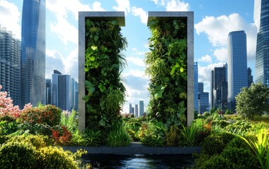 Fototapeta premium A vibrant urban landscape featuring green vertical gardens set against modern skyscrapers under a bright blue sky.