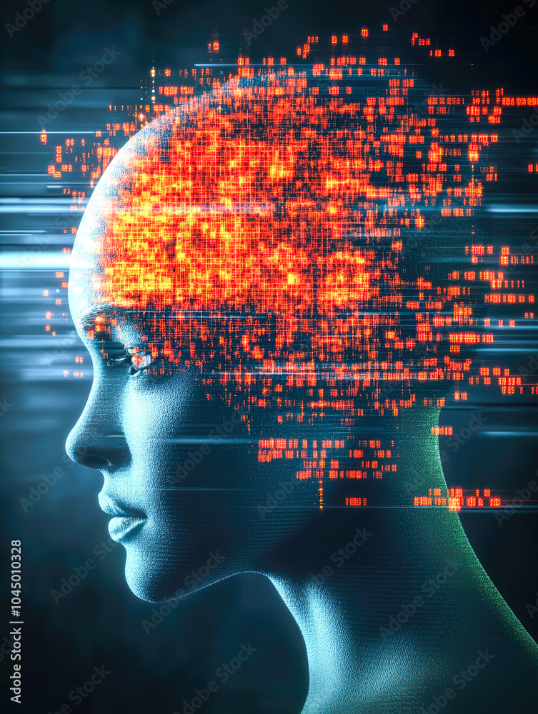 Poster a woman's face transitioning into a cascade of digital pixels, symbolizing the evolution and integra