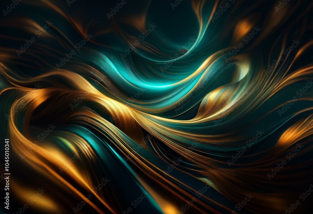 Poster abstract image of flowing teal and gold lines on a dark background.