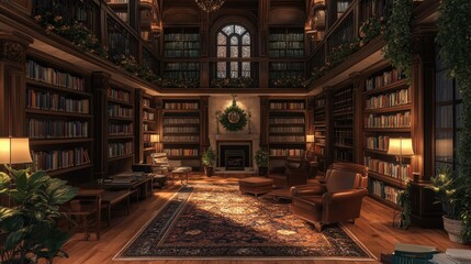 Inviting library with floor-to-ceiling bookshelves, cozy seating, and a warm, quiet atmosphere perfect for getting lost in a book.