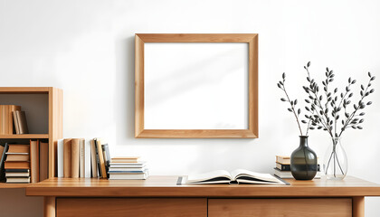Home office concept. Old books, empty vertical wooden picture frame mockup hanging on white wall. Wooden desk, table. Vase with olive branches. Elegant working space. Scandinavian interior design is