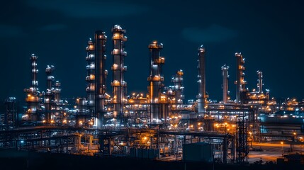 A massive oil and gas intertwined industrial complex with towering towers, pipes, and tanks at night