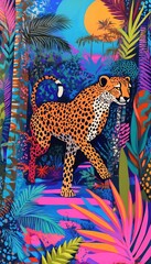 A sleek Pop art style cheetah running through a patterned, colorful jungle landscape
