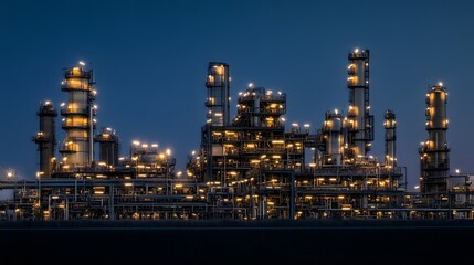 A massive oil and gas intertwined industrial complex with towering towers, pipes, and tanks at night