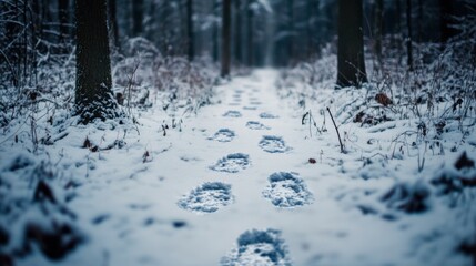 Icy footprints leading through a snowy forest path, creating a mysterious winter scene for outdoor brand promotions or adventure narratives.