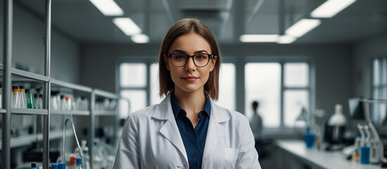Fototapeta premium Portrait of female medical doctor or scientist wearing a white coat and glasses in a modern laboratory with a team of medical science specialists in the background