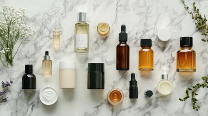 Obraz premium Flat lay of luxury skincare products, including moisturizers, serums, and oils, arranged aesthetically on a marble background.