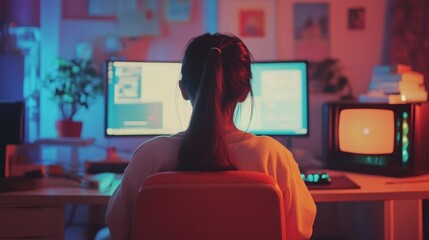 Focused young woman at desk with dual monitors in cozy workspace