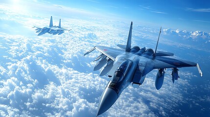 Naklejka premium Two fighter jets fly in formation above the clouds.