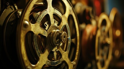Obraz premium Close-up of vintage film reels and projectors, emphasizing the old-school cinema experience and mechanical details.