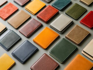 Fototapeta premium Colorful Leather Wallets Arranged in a Geometric Pattern on a Gray Background