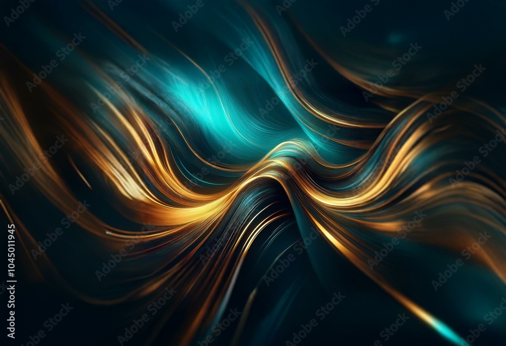 Poster smooth, luminous, teal and gold lines curve and flow across a dark background.