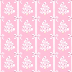 Seamless pattern aesthetic Christmas trees with a pink bow. For fabric, packaging paper, scrapbooking. Cute aesthetic watercolor  pattern  for Christmas and New Year.