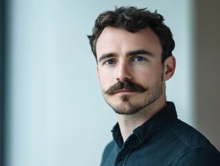 Fototapeta premium Portrait of a Man with a Thin, Precisely Trimmed Mustache, Focused and Serious Expression