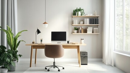 A minimalist home office with a large desk, a comfortable chair, and a large window overlooking a garden.
