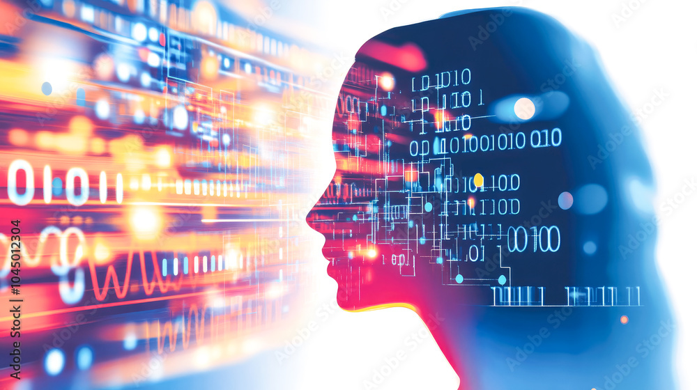 Poster a dynamic digital image of a human profile overlaid with binary code and vivid digital patterns, sym