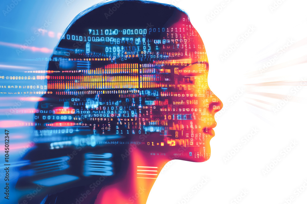 Poster a silhouette of a human profile with digital binary code overlay symbolizing technology, artificial 