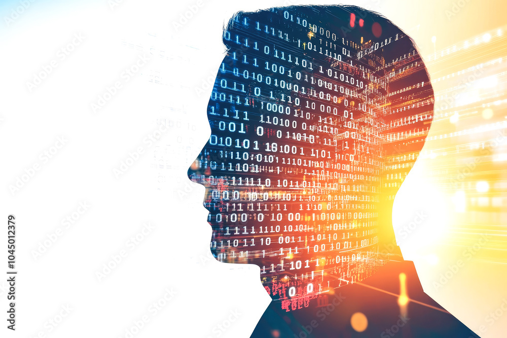 Poster a profile silhouette of a man overlaid with digital binary code, symbolizing the synergy between hum