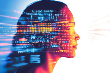 A silhouette of a human profile with digital binary code overlay symbolizing technology, artificial intelligence, and the fusion of human and digital consciousness.