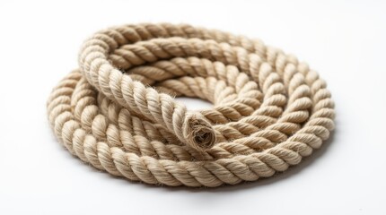 Obraz premium A thick, textured rope coiled neatly into a perfect spiral, lying on a white background; the rough texture contrasts beautifully with the smooth surface.