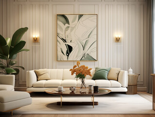 Living room interior in modern minimalist style with wooden panneling. Neutral and light colors interior with wood wall panels, bronze metallic accent decor and large artwork. Wood panneling walls. 
