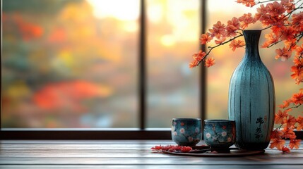 Japanese Sake Bottle with Cups on a Blank Background Ideal for Restaurant Menus, Culinary Blogs, and Cultural Promotions