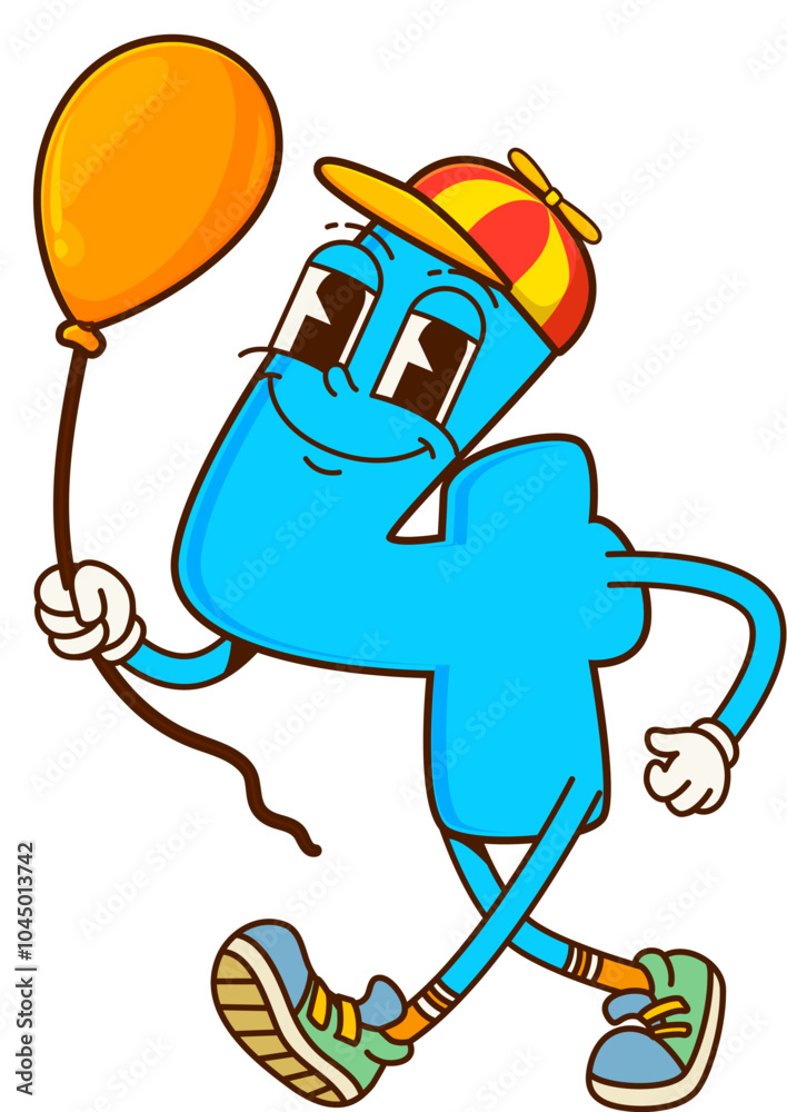 Poster Cartoon math number four groovy character wears cap with propeller and holding balloon. Isolated cute and funny vector playful 4 figure mathematics numeric baby personage with cheerful friendly smile