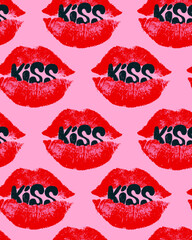 Seamless pattern kiss red prints. Vector kisses seamless pattern for St. Valentine's Day. Red lips with hearts. Endless repeating texture with different red colored female lips..eps