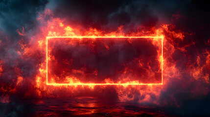 An Extraordinary Neon Rectangle Frame Electrified by Fire and Energy in a Vividly Illuminated High-Tech Environment