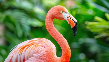 Close up of a pink flamingo with blurred green foliage background.