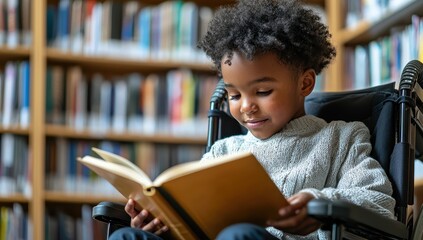 Young boy in a wheelchair enjoys reading a book in the library. Concept of inclusion, education, and literacy.