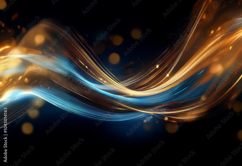Aufkleber abstract swirling gold and blue light streaks with out of focus bokeh lights on a black background.