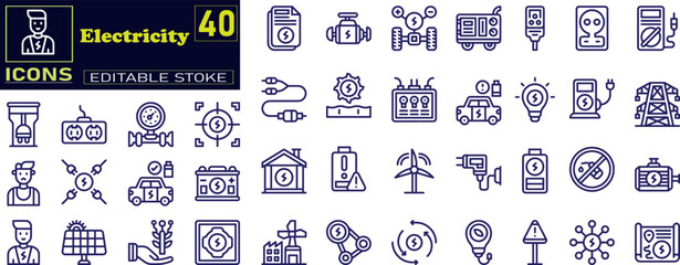 Set of line icons in linear style. Series - Electricity, electric power line .