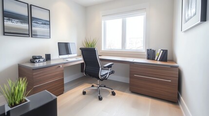 A minimalist home office with a large desk, a comfortable chair, and a large window overlooking a garden.