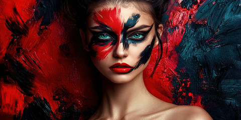 A woman with red and black face paint